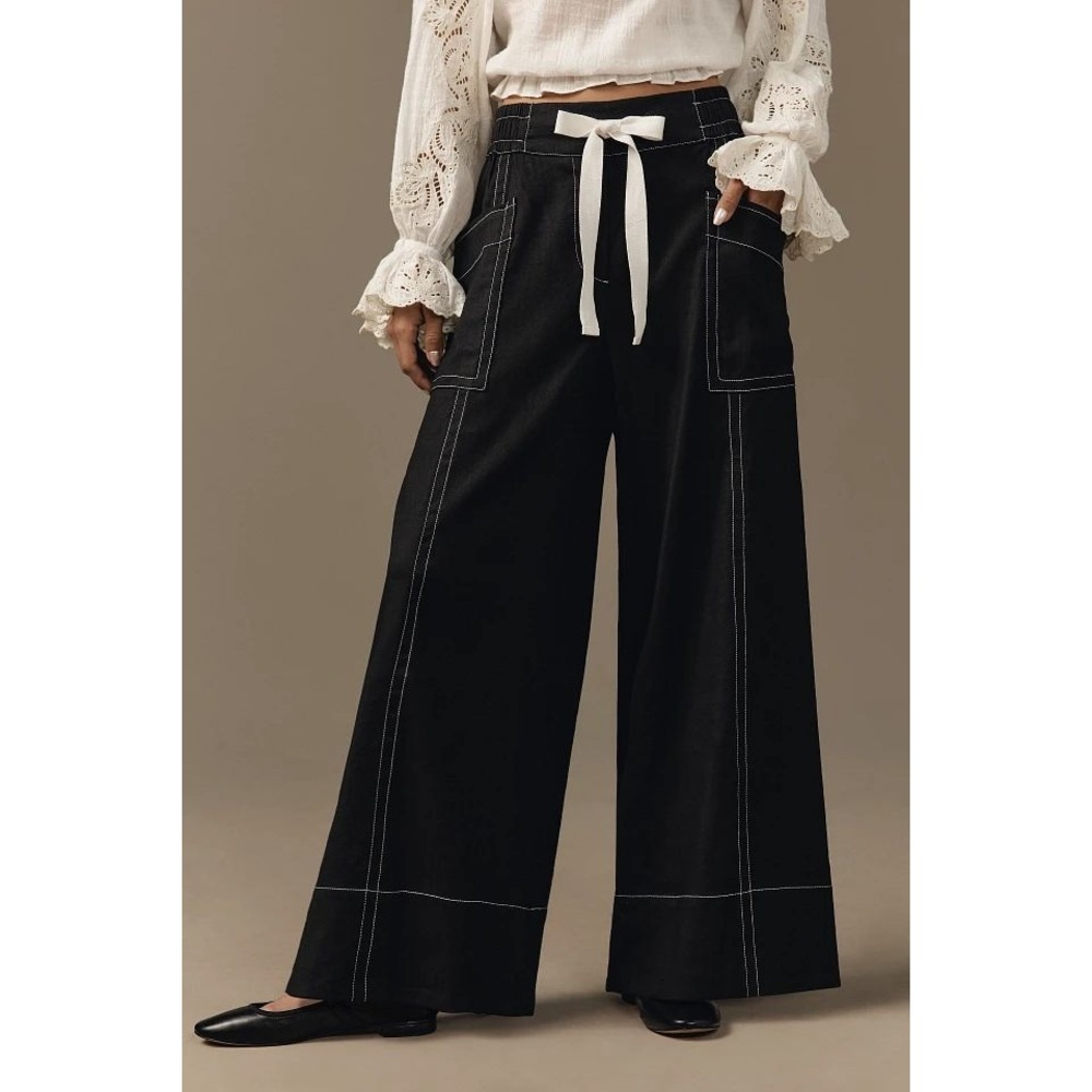 Anthropologie Maeve Wide-Leg Pants Women L Black Linen Blend Contrast Stitch